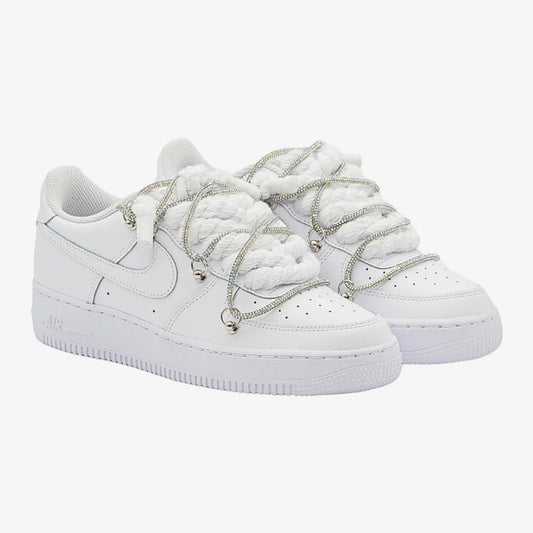 Nike Air Force 1 Custom White Rope Laces Off Swarovski Glitter Strass Argento Silver