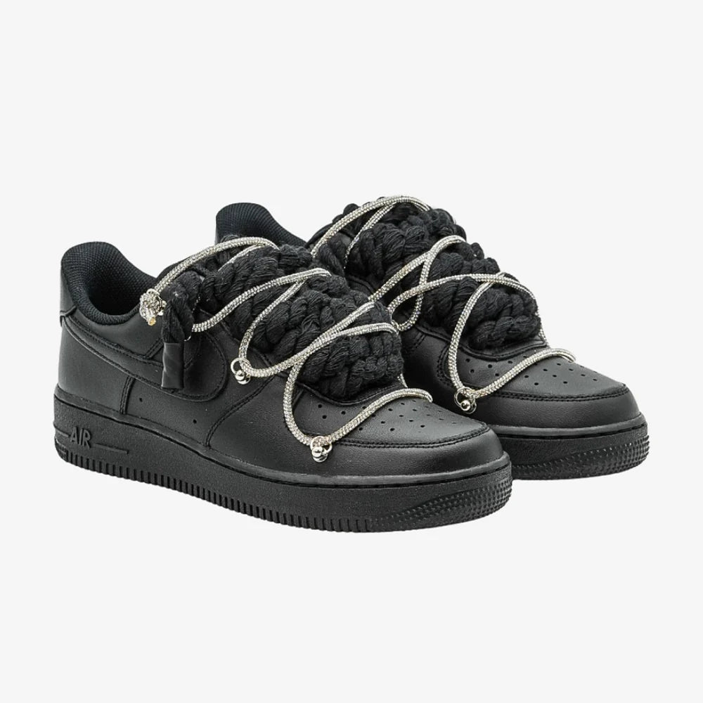 Nike Air Force 1 Custom Black Rope Laces Off Swarovski Glitter Strass Argento Silver