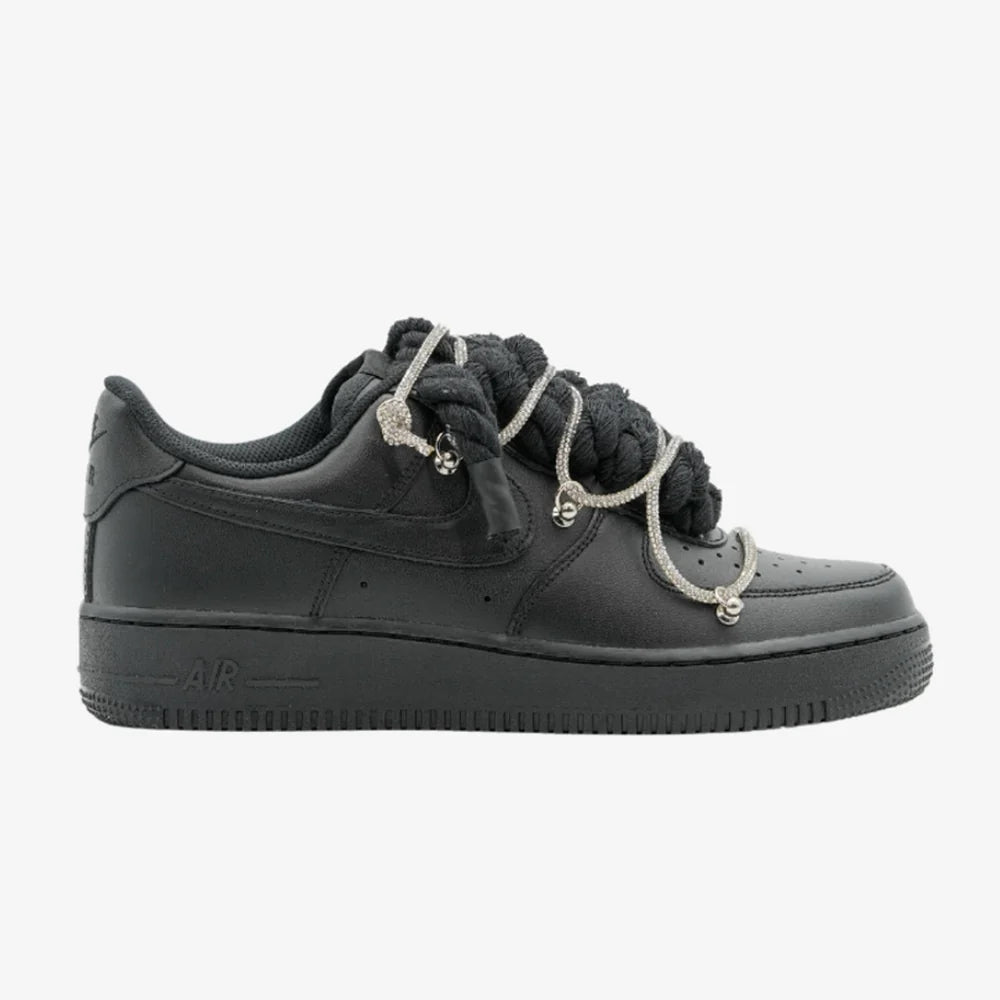 Nike Air Force 1 Custom Black Rope Laces Off Swarovski Glitter Strass Argento Silver