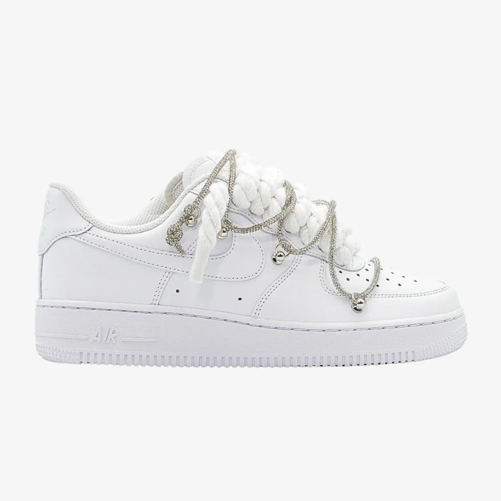Nike Air Force 1 Custom White Rope Laces Off Swarovski Glitter Strass Argento Silver