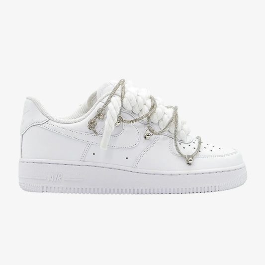 Nike Air Force 1 Custom White Rope Laces Off Swarovski Glitter Strass Argento Silver